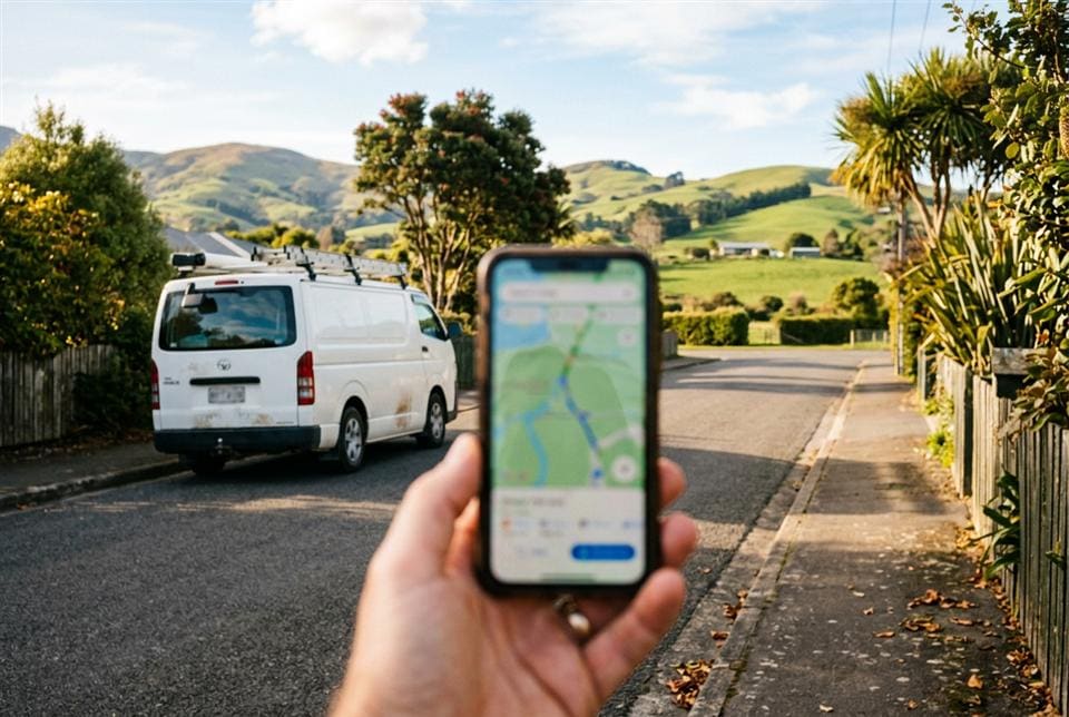 A phone showing local map results beside a work van on a rural New Zealand road