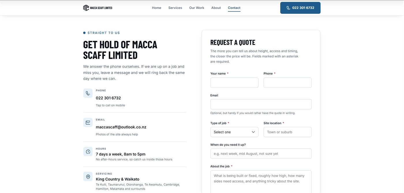 The Macca Scaff Limited quote request form on an iPad