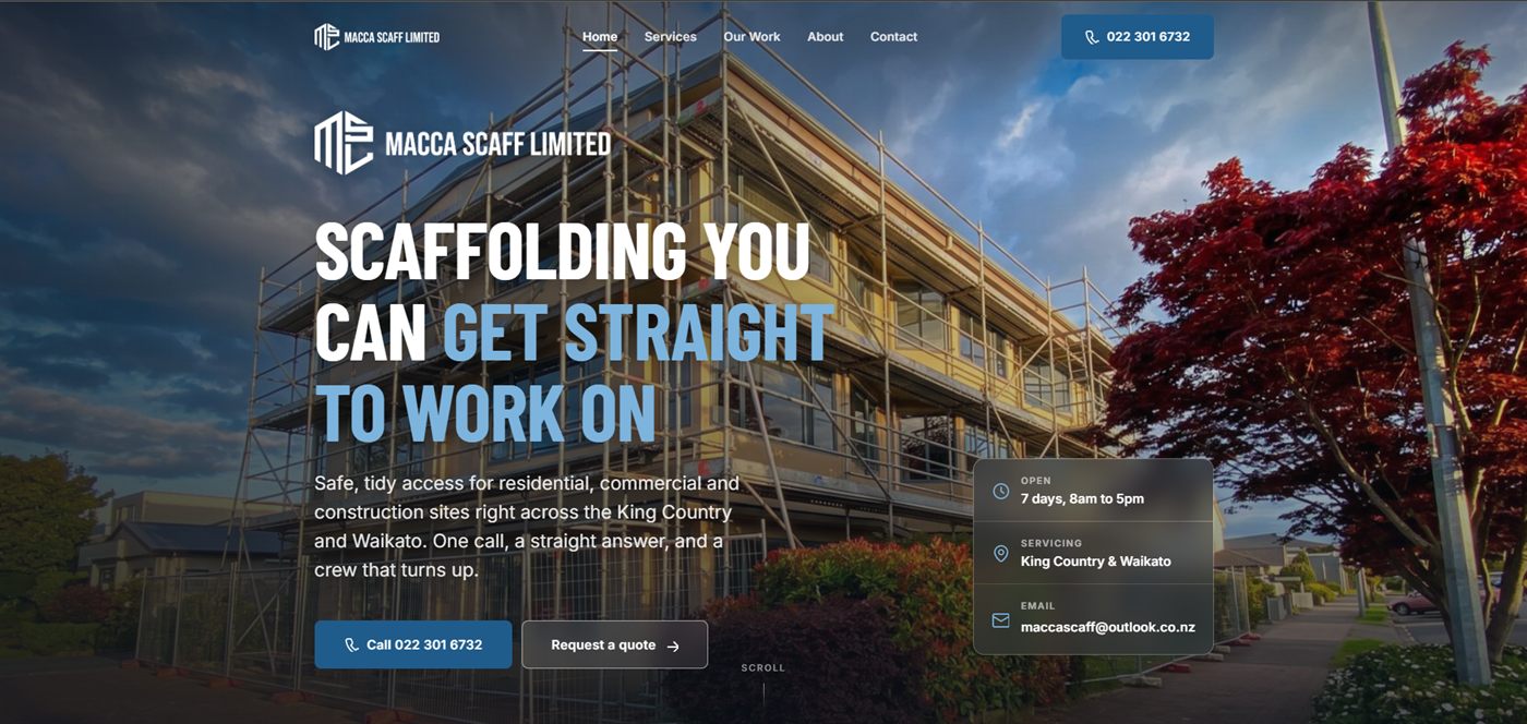 The Macca Scaff Limited homepage shown on an iMac