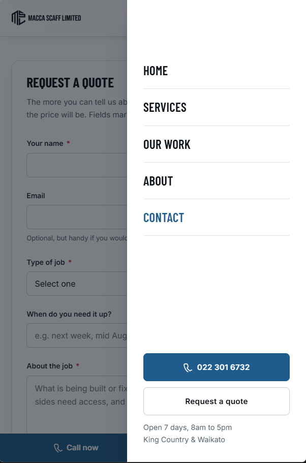 The Macca Scaff Limited website with its menu open on an iPhone