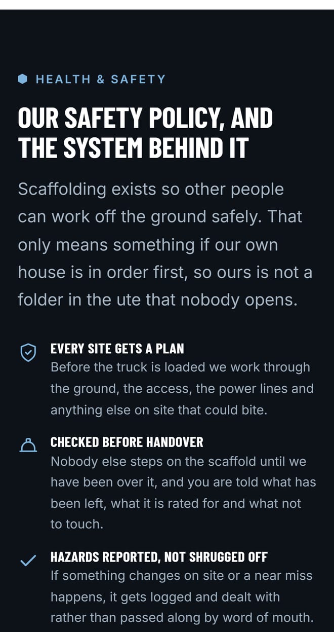 The Macca Scaff Limited health and safety policy page on an iPhone