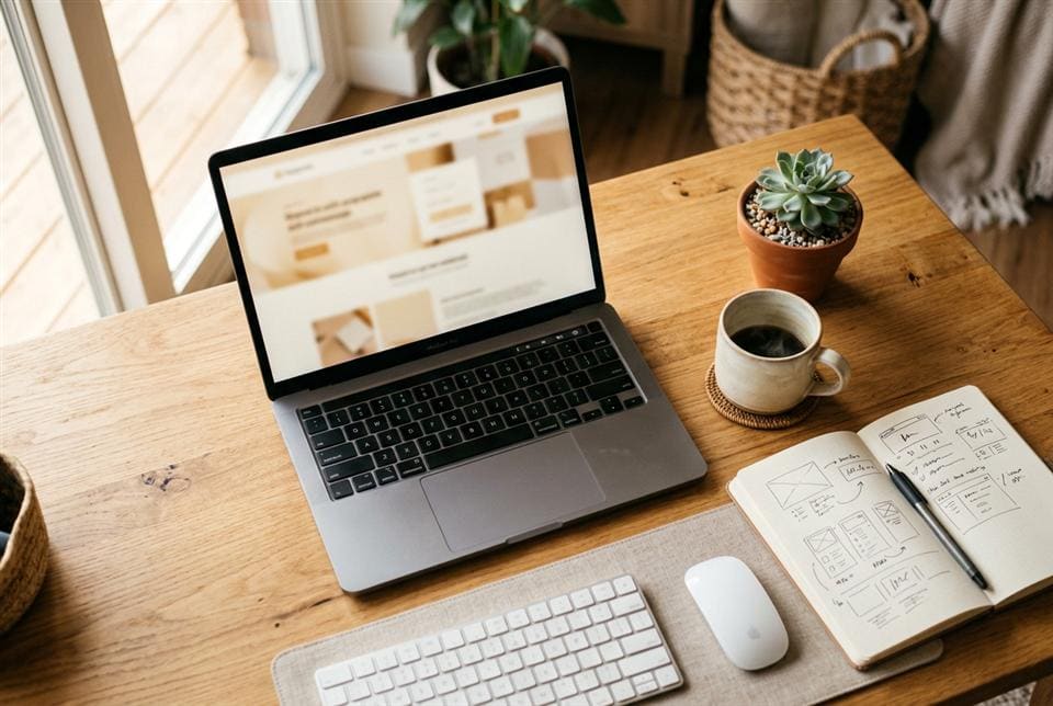 A laptop and a notebook of hand-drawn website wireframes on a desk